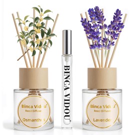 Reed Diffuser Set, Binca Vidou Lavender & Osmanthus Natural Perfume Scent Oil Diffusers with Sticks & Spray Bottle for Home Office Bathroom Aromatherapy Decor 1.69oz x 2
