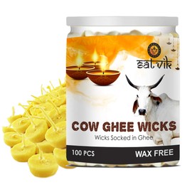 SATVIK 100 Pc Pure Cow Ghee Wicks for Puja (Upto 30 Mins) Pooja Home and Mandir. Nitya Pujan Readymade Ghee Diya Jyot Pujan Indian Housewarming Return Gift Items Accessories. Diwali Cotton Wicks