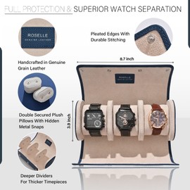 Genuine Leather Watch Roll Travel Case - Watch Roll Case For 3 Watches With Luxury Lining - Protect, Travel,Store, & Display Fine Timepieces (Blue-3 Slots)