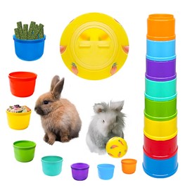 GSYUWIH 9 Pcs Stacking Cups for Rabbits Set,Stack Up Bunny Cups with Rabbit Food Dispenser,Plastic Bunny Stacking Cups,8 Colored Nesting Toys Rabbit Toys