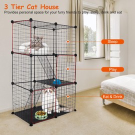 TeqHome Large 3-Tier Cat Cage, Indoor Cat Enclosures Pliable DIY Cat Playpen, Detachable Metal Wire Kennels Cat Crate Box House with 3 Doors 2 Ramp Ladders for 1-2 Cats, 28.3"L x 14.1"W x 42.2"H,Black