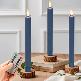 SEHNSY Flameless Taper Candles with Remote, Real Wax Battery Operated LED Candles Set with 3D Flickering Flame, 9.6" Realistic Dripless Candlesticks for Wedding Home Decor, 3 Pack Blue