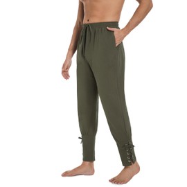AIFARLD Mens Medieval Ankle Banded Pants Vintage Pirate Viking Cotton Lace Up Tapered Renaissance Costume Trousers Army Green