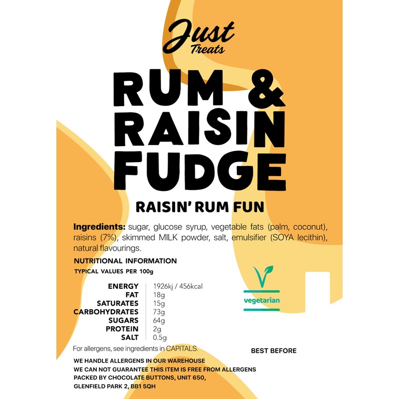 Just Treats Rum & Raisin Fudge (500g Share Bag)