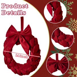 Barydat Christmas Velvet Wreath 14" Christmas Wreaths for Front Door Velvet Christmas Wreath Ornament with Bow for Christmas Party Table Fireplaces Porch Walls New Years Home Decor (Red)