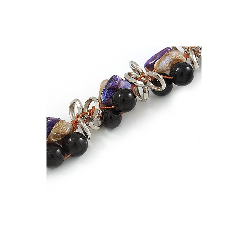 Avalaya Black Ceramic Bead & Purple/Natural Shell Composite Silver Tone