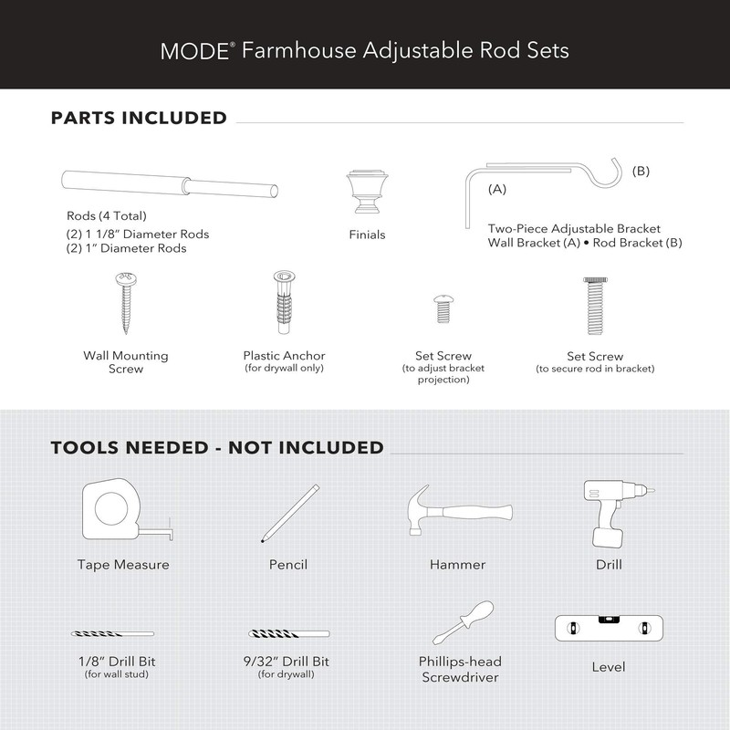 MODE Farmhouse Collection 1 1/8" Diameter Curtain Rod Set with