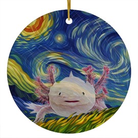 Whimsical Night Sky Pink Axolotl Christmas Ornament Circle Ceramic - Impressionist Pet Portrait Memorial Keepsake Gifts for Amphibian Lovers