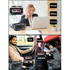 Buddew Electric Lunch Box 80W Food Heater for Adults, 12/24/110V Portable Lunch Warmer Upgraded Heated Lunch Box for Car/Truck/Office with SS Fork&Spoon and Insulated Carry Bag (Gray+Black Handle)
