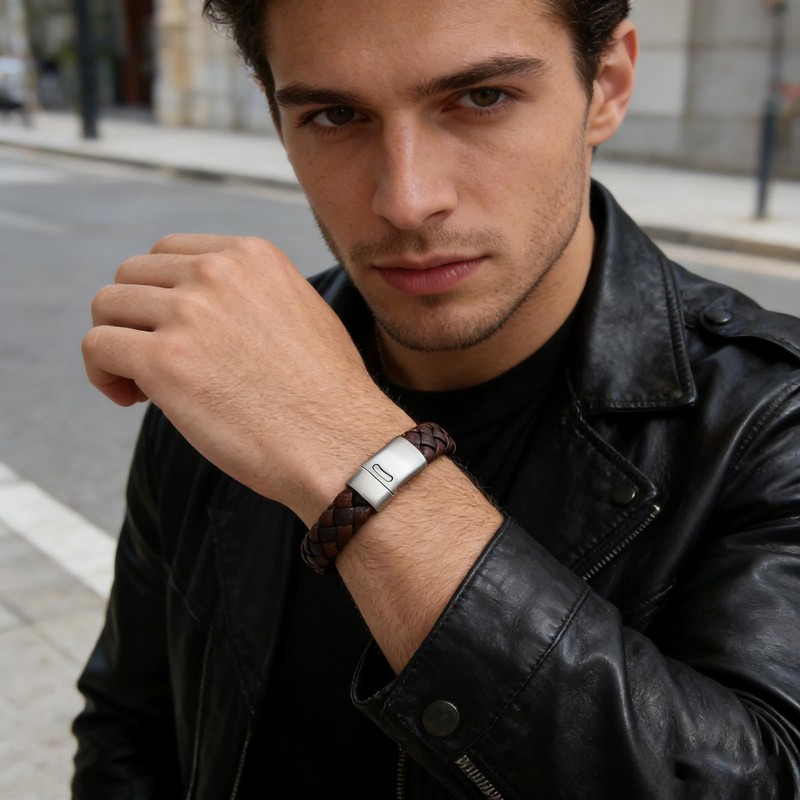 Silverso Men's Leather Bracelet with Stainless Steel Clasp，8.2" Brown Woven