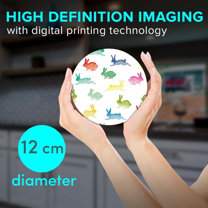 1 x Round Jumbo Size Coaster 12cm Colourful Rabbits Pattern