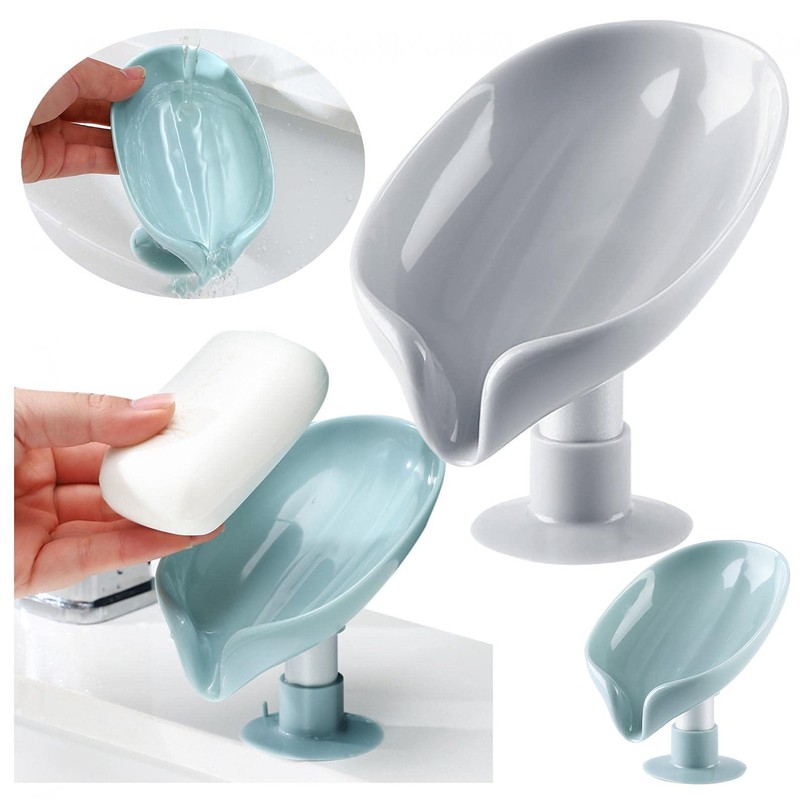 Suction Soap Dishes with Drainage,Leaf-Shaped Bar Soap Tray and Sponge