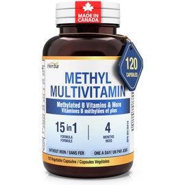 Herba Methylated Multivitamin with 500mg TMG & Methylated B Complex - 120 Capsules | 15 in 1 Formula | B Complex Vitamins for Women & Men including Methyl Folate Supplement | Vegan | Made in Canada