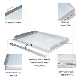 Stainless Steel Grill Griddle with Removable Grease Tray, Flat Top Plate with 2 Removable Handles with Even Heating Cross Bracing for Gas/Charcoal Grill, Tailgating, Camping and Parties, 23" x 16"