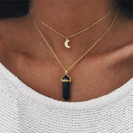 Allereya Vintage Layered Onyx Hexagon Pendant Necklace Crescent Moon Necklace Gold Moon Choker Necklace Black Onyx Choker Necklace Jewellery for Women and Girls, Zinc, No Gemstone