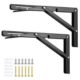 2PCS Folding Shelf Brackets, 12 inch Heavy Duty Stainless Steel Shelving Brackets, Wall Mounted Triangle Folding Shelf Bracket for Folding Bench, Work Table, DIY Bracket, Black