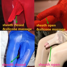 BESYFAY Men's Sexy 8 Denier Ultra Thin Oil Shiny Seamless Tights Transparent Nylon Tights with Sleeve, Red (sheath closed)