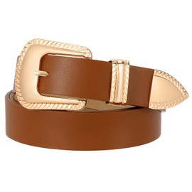 XZQTIVE Women's Leather Belt Vintage Western Belt Plus Size Ladies Belt Gold Silver Buckle for Jeans Pants Dresses, Brown (Fit Waist Size 31”-36”)