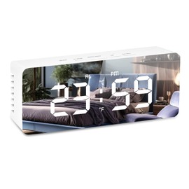 Bedroom Alarm Clock, LED Mirror Digital Clock, Timer Setting Dimmer, 12/24 Hour, Simple Modern Decorative Electronic Clock for Bedroom, Office, Living Room (White)