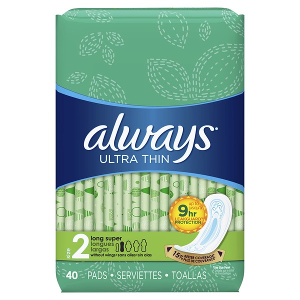 Always Ultra Thin Pads Without Wings, Unscented, Long Super 40 ea (Pack of 4)