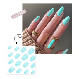 Light Blue Press on Nails Short Fake Nails with Nail Glue Glossy with Oval Design Stick on Nails Full Cover Reusable Artificial Nails Glue on Nails for Women Girls 24pcs