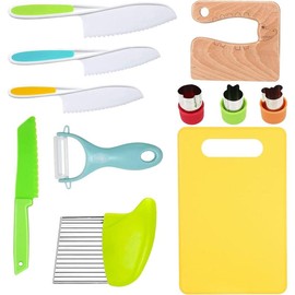 RISICULIS 11 Pieces Wooden Kids Kitchen Knife, Kids Knife Set Include Wood Kids Knife, Serrated Edges Plastic Toddler Knife, Crinkle Cutter, Sandwich Cutter, Y Peeler, Cutting Board - Color: 8 Pcs Crocodile Set