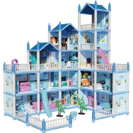 16 Rooms Huge Dollhouse, 10" x 6" x 11" Doll House ,Pink Pretend Play Toy House:_Blue