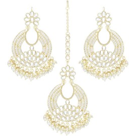 Aheli Ethnic Gold Plated Kundan Pearl Studded Chandbali Earrings and Maang Tikka Set Traditional Jewelry Gift for Women