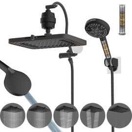 Hibbent 5-spray 13'' Dual Filtered Rainfall Shower Head Combo, High Pressure 10-setting Handheld Shower Head with 12'' Adjustable Extension Arm, 20 Stage Shower Filter, 71'' Hose, Oil Rubbed Bronze