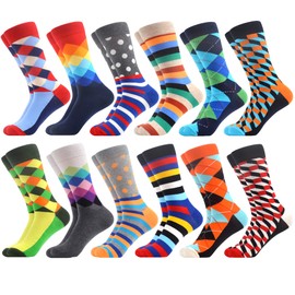 WeciBor 12 Pairs Men's Colourful Funny Casual Patterned Novelty Cotton Socks, Red/Orange/Blue/Green/Multicoloured Geometric-12M