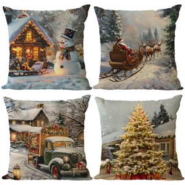 Set of 4 Christmas Pillow Covers 20x20 Vintage Farmhouse Christmas Pillow Cases Christmas Tree Truck Throw Pillow Covers Red Xmas Holiday Pillow Covers Outdoor Couch Sofa Cushion Covers(20)