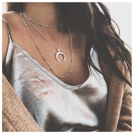 Allereya Vintage Layered Crescent Moon Necklace Silver Crescent Necklace Moon Pendant Necklace Punk Satellite Chain Necklace Jewelry for Women and Girls (Silver)