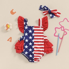 Kiluex Newborn Baby Girl Fourth of July Outfits Square Neck Ruffle American Flag Romper Headband My 1st 4th of July Clothes (01Red, 3-6 Months)
