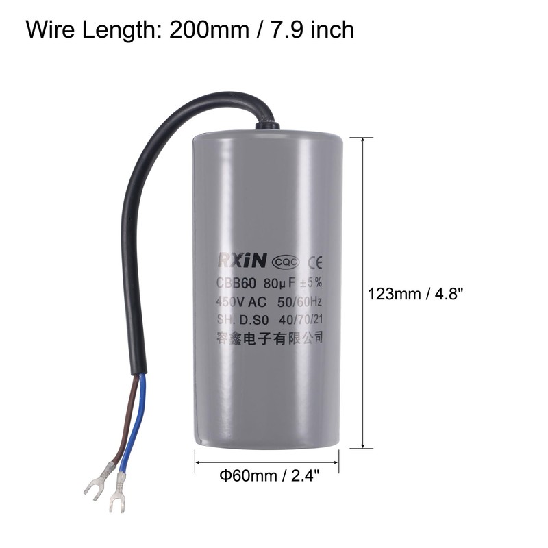 uxcell CBB60 Run Capacitor 80uF 450V AC 2 Wires 50/60Hz