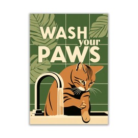 WBdesignz Funny Poster - Wash Your Paws Cat on Tap - Humorous Retro Style Wall Decor for Bathroom, Kitchen or Guest Toilet (A4) - No Frame
