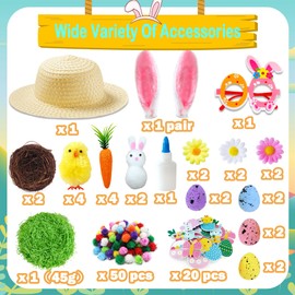 Chennyfun Easter Decorations Easter Bonnet Kit - DIY Easter Bundle Kit Make Your Own Easter Bonnet Hat with Hat, Rabbit Ear, Carrots, Glasses, Chicks for Children's Easter Craft Supplies Decorations