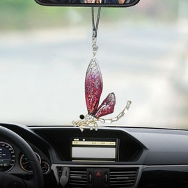 Dragonfly Car Pendant, Bling Crystal Diamond Suncatcher, Transparent Wing Metal Dragonfly Rear View Mirror Charm, Car Mirror Hanging Decoration Accessories for Room Window Wall (Red)