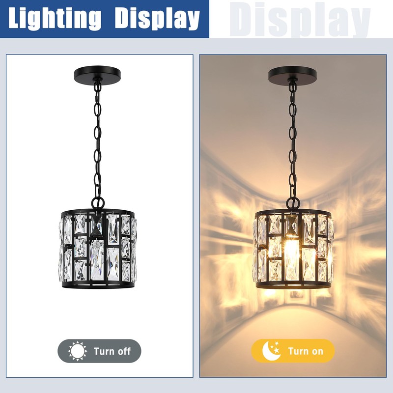 MEXO Modern Crystal Pendant Light,Black Chandelier Light Fixture, Cylinder Adjustable