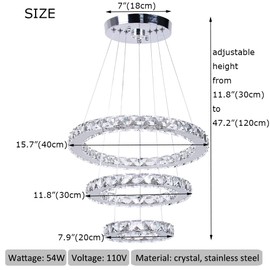 xychfantligh Modern 3 Ring Round Crystal Chandelier Adjustable Stainless Steel Pendant Lighting LED Crystal Ceiling Light Fixture for Living Room Dining Room Bedroom (Cool White)