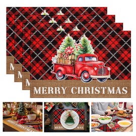 Christmas Placemats Set of 4, Black Red Buffalo Plaid Christmas Trunk Place Mats for Home Kitchen, Winter Rustic Dining Decor, Xmas Party Decorations, 12x18 Inch Seasonal Table Mats