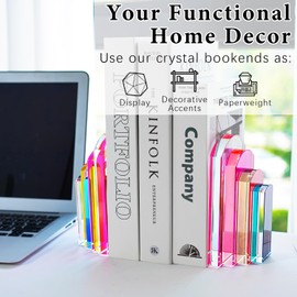 H&D HYALINE & DORA Heavy Crystal Bookends Colorful Decorative Non-Skid Geometric Bookends for Shelves,Decorative Book Holders for Home and Office,Modern Sturdy Book Holders for Heavy Books