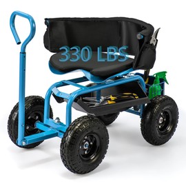 CHEFJOY Garden Cart, Outdoor Rolling Garden Scooter w/Removal Cushion & Tool Tray, Storage Basket, Gardening Tools w/Seat, Adjustable Height & Extendable Handle for Patio, Yard (Blue)