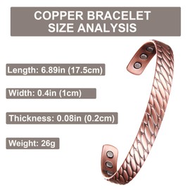 Fashtour Copper Bracelet for Men 99.99% Pure Copper Length 6.89 inches 6pcs 3500 Gauss Powerful Magnets Oval Print Adjustable Jewelry