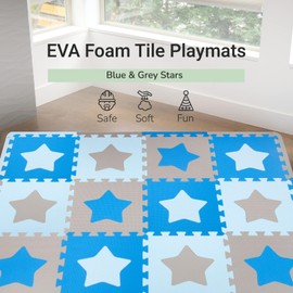 Tadpoles 16 Tiles Stars Foam Playmat for Kids | Interlocking Tiles with 16 Border Pieces | Soft EVA Foam | Safe & Durable | Total Floor Coverage 50” x 50” | Ages 3 & Up | Blue and Grey