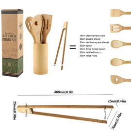 Pack of 8 Bamboo Cooking Utensils - Includes Cooking Spoon, Spatula, Spatula, Fork, Kitchen Tongs, Easy to Clean - Great Gift for Friends & Family