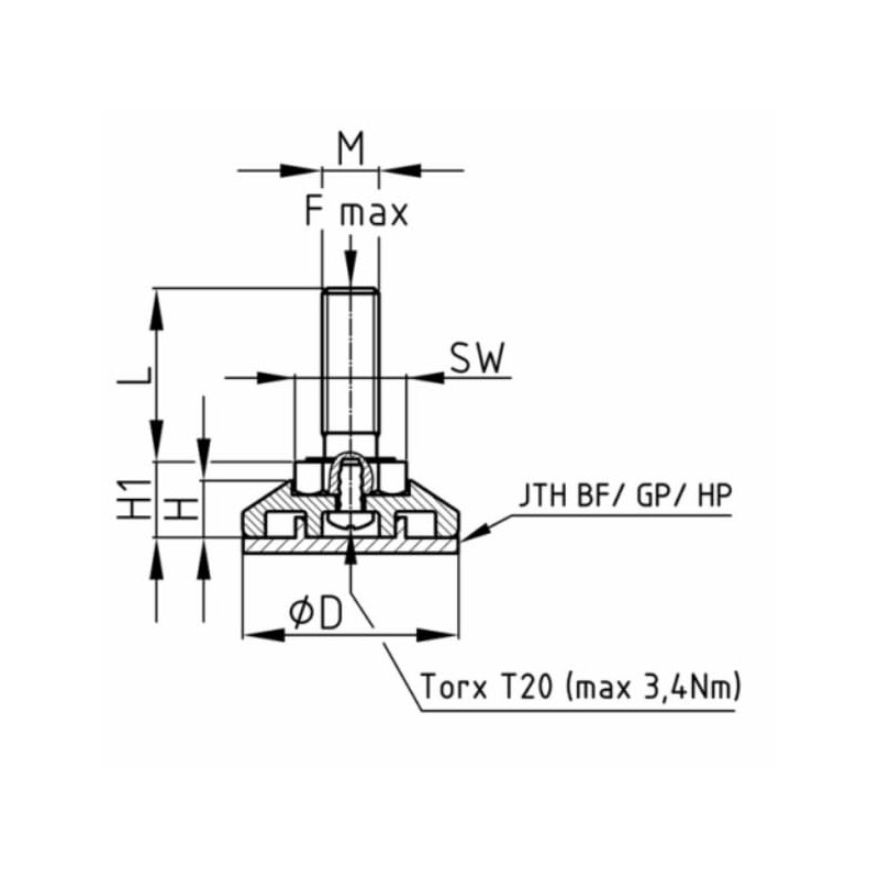 Design61 4 x Adjustment Screw Diameter 38 mm Plate M12