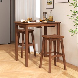 COSTWAY 3-Piece Bar Table Set, Wooden Bistro Set w/Pub Table and 2 Saddle Stools, Bar Chairs Under Counter Height Table, Space-Saving Dining Set for Breakfast Nook, Living Room, Small Space
