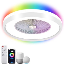 SOGOTING 24" Low Profile Ceiling Fan with RGB Lights, Bladeless Ceiling Fan with Remote/APP/Voice Control, 6 Speeds Flush Mount Smart Ceiling Fan for Bedroom