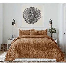 COCOPLOCEUS Quilt Set Oversized King Size 120x120 Luxurious Velvet Bedding Sets with 2 Pillow Shams 20x36 3 Pieces Ultra Soft Quilted Bedspread Coverlet Comforter for All Season,Caramel