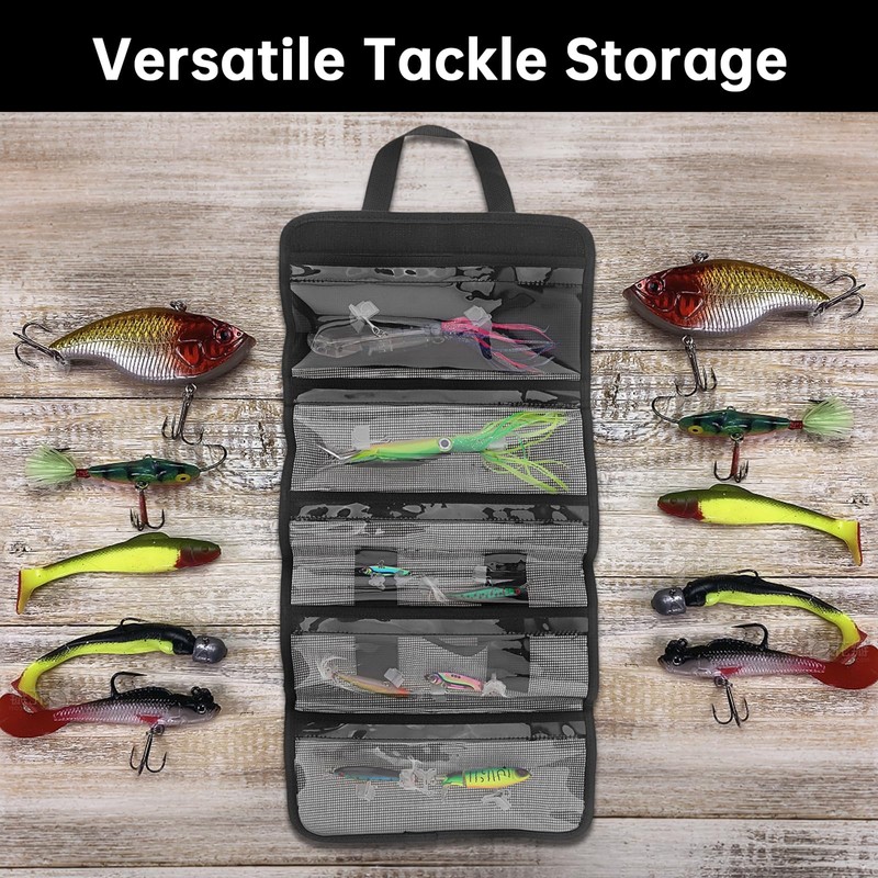 Roll Up Fishing Lure Wraps,5 Pocket PVC Lure Bag,Protective＆Foldable Cover